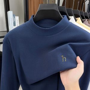 Autumn Winter New Mens Half High Collar Velvet Long Sleeve T-Shirt Luxury Quality Dog Print Warm Bottom Shirt Casual Mens wear