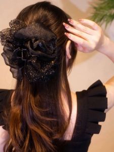 Black Butterfly Knot Hair Clip Double Sided Tulle Cloud Bubble Hair Accessories for Back of Head Shark Clip Fashionable Hair Decor