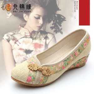 New 2025 Womens Beijing Cloth Shoes Spring Season Middle Heel Slip-On Breathable Single Shoes with Bull Tendon Bottom