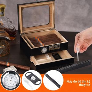 Hộp Đựng Xì Gà Để Bàn Có Nắp Kính Nhiệt Kế-hygrometer Kỹ Thuật Số Và Ngăn Kéo Chia Ngăn - Phụ Kiện Xì Gà Bằng Gỗ Vận Hành Thủ Công