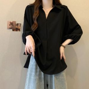 AIYITI | French Style Black 3/4 Sleeve Loose Fit Shirt