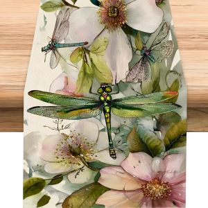 Dragonfly & Floral Print Table Runner Home Dining Table Atmosphere Table Runner 1-Piece Durable & Reusable