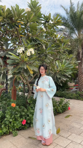 Set áo dài nữ cách tân set áo dài họa tuiết cá may mắn mặc Tết set áo dài chất Voan thêu nổi cá chép hoa sen hai lớp cổ tàu phối quần Satin