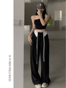 กางเกงขายาวทรงหลวมเอวสูงสีดำสำหรับผู้หญิงไซส์ใหญ่ ทรงกระต่าย ทรงหลวม กางเกงขายาวทรงหลวมสำหรับใส่ไปทำงาน