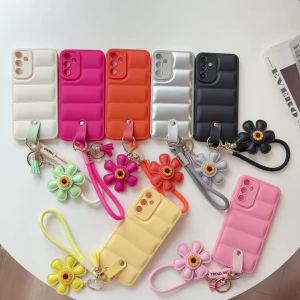 Ins Sunflower Down Jacket Lanyard Case for Samsung Galaxy S25 S26 Ultra S23 S24 S22 Plus A55 A56 A16 A35 A15 Wrist Strap Cover