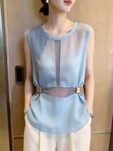 KUNAILIN | Commute Style Light Blue Sleeveless Womens Top Summer Cut-out Design