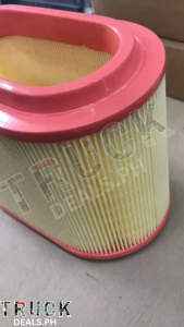 Hyundai Starex Air Filter (1997-2003) - Yellow pleated filter with red top - Fits vehicle models from 1997 to 2003 - Brown cardboard box packaging.
