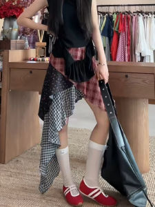 Váy Ngắn Kẻ Caro Cạp Cao Màu Nâu Cổ Điển Thiết Kế Bất Đối Xứng Váy Ngắn Chữ A Váy Ngắn Mùa Hè Cho Nữ