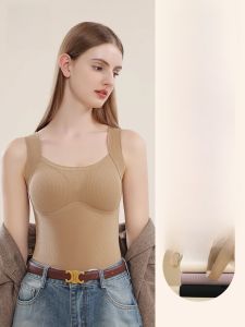 MiiOW | Áo ba lỗ cổ vuông cổ điển giữ nhiệt cho nữ mùa thu đông không tay áo sơ mi cơ bản có đệm ngực bằng lụa tơ tằm