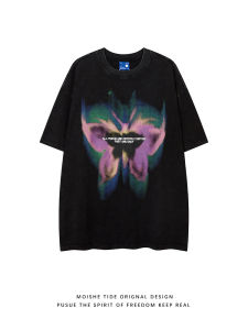 เสื้อยืดแขนสั้นพิมพ์ลายผีเสื้อสไตล์อเมริกันสีดำ MOISHE TIDE ทรงหลวม แฟชั่นฤดูร้อน สำหรับผู้ชายและผู้หญิง