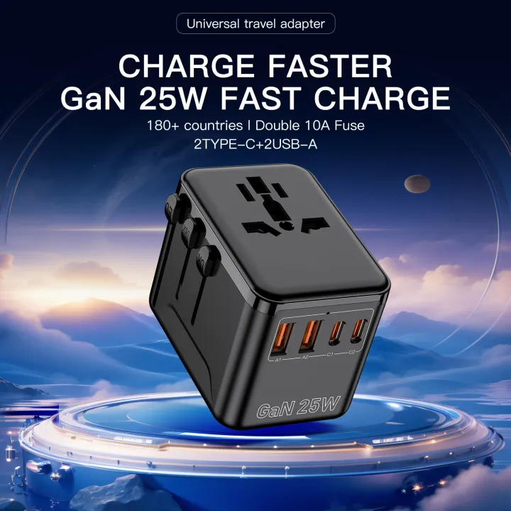 25W GaN 4-Port Fast Charger (2 USB-C 2 USB-A), All-in-One International Travel Adapter with EU UK US AU Worldwide Plugs