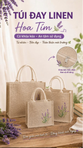 Túi xách đay linen in hoa tím vải thân thiện thời trang nhẹ nhàng tinh tế – M3302