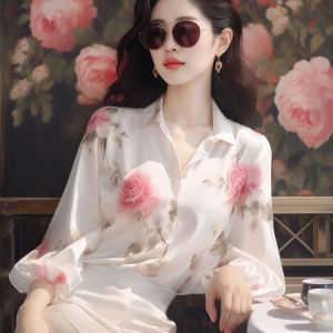 เสื้อเชิ้ตผ้าชีฟองลายดอกไม้สไตล์ฝรั่งเศสสำหรับผู้หญิงในช่วงฤดูร้อน เสื้อคลุมกันแดดแบบนุ่มหวานและทันสมัย ​​เสื้อเชิ้ตคอโปโลแขนยาว