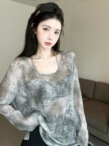 GUZILIAN | Elegant Pure Desire Lazy Style Design Ice Silk U-neck Shoulder-baring Versatile Sun Protection Loose Long Sleeve T-shirt