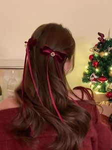 Classic Retro Red Velvet Hair Clip with Sash Butterfly Knot for Women New Years Hair Accessories Double Tail Headwear Back of Head