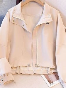 Loose Fit Short Jacket Korean Style Stand Collar Workwear Coat Warmth Polyester Fiber Long Sleeve Zipper Pocket Drawstring Hem