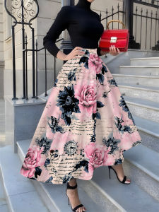 Printed Design Four Seasons Leisure Style Pink Rose Script Clock Leaf Half Skirt