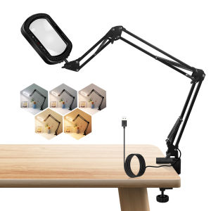 NEWACALOX 3X Rectangle Magnifying Glass with Light/Real Glass/5 Color Modes Stepless Dimmable Desk Lamp with Swing Arm for Readi