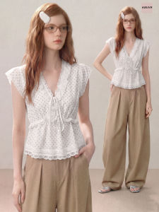 KBVVR | White Polka Dot V-Neck Lace Edge Short Sleeve Summer Design Slim Waist Shirt