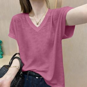 V.C.I | European Pink V-neck Short Sleeve T-shirt Bamboo Cotton Ice Silk