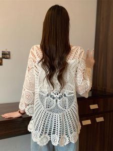 plus Size Womens Knitted Lace Hollow out Bell Sleeve Midi Top Loose Outerwear Cardigan Summer Commute Korean Style