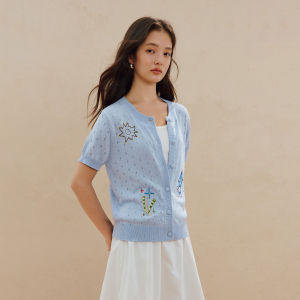 INMAN | Áo Cardigan Tay Ngắn Thêu Ren
