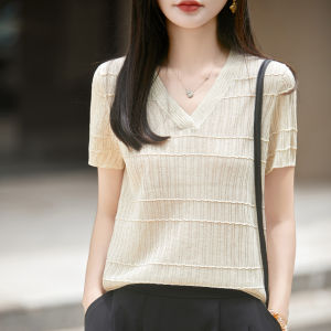 YUEXINYIRONG | V-Neck Knit Short Sleeve Thin Elastic Breather Loose Fashionable Shirt