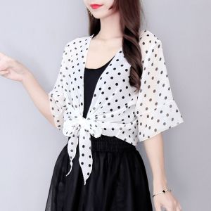 เสื้อคลุมกันแดดพิมพ์ลายผ้าชีฟองบางสำหรับผู้หญิง เสื้อคลุมกันแดดฤดูร้อนแบบสั้น แขนสั้น ทรงเข้ารูป ปกโปโล ผูกโบว์ แขนยาวปกติ