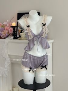 เซ็กซี่ ลูกไม้ คอวี ชุดราตรี Pure Desire สไตล์ฝรั่งเศส ผู้หญิง ชุดนอน สั้น กางเกงขาสั้น ไม่มีสาย ชุดชั้นใน ฤดูร้อน ผ้าบาง