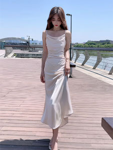 ชุดเดรสยาวผ้าซาตินอะซิเตทคอวีแขนกุดสไตล์สาวเก๋ไก๋สำหรับงานวันเกิดในช่วงฤดูร้อน ชุดราตรียาวสุดสง่างาม