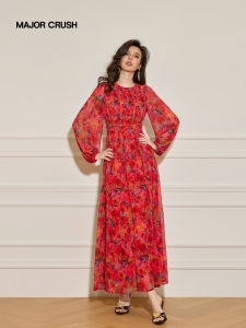 New Fashion Rose Print Elegant Waist Slimming Flowy Maxi Dress