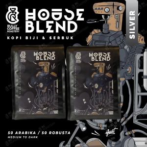 HOUSE BLEND SILVER KOPI ESPRESSO 50 ARABIKA / 50 ROBUSTA MINUMAN KOPI ESPRESSO MEDIUM TO DARK 1000 500 250 100 GRAM. BIJI UTUH.