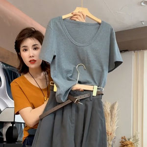 Shalldoer | Casual Loose Two Piece Set Summer New Gray U-neck Short Sleeve T-shirt Wide Leg Pants