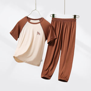 Girls Summer Sleepwear Set Modal Thin Short Sleeve Pants Home Clothes for Children Air Conditioning Suit Boys Teenagers Casual Wear
