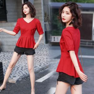 Sweet Japanese Style Womens Shirt V-neck Short Sleeve Waist Cinched Skirt Design Fashionable Top Polyester Fiber Regular Sleeve