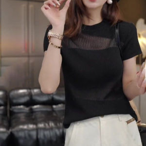 High-end Knitted Short Sleeve T-shirt Round Neck Lace