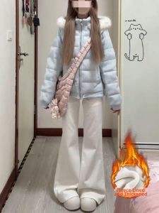 QIANCHANGNAAI | White Flared Denim Pants Fluffy Lining High Waist Loose