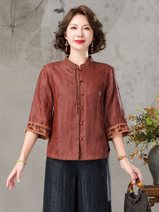 Red Silk Cheongsam Shirt Loose Fit Button up Chinese Style Large Size Improved Tang Costume Top for Women over 35 Years Old