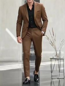 Men Coffee Brown 2 Piece Regular Fit Suit Single Breasted Blazer Trousers Formal Wedding Business Gentleman Outfit