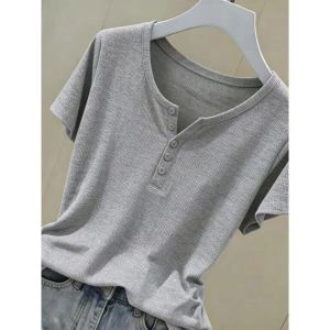 V.C.I | Gray Slimming Short-sleeve Henley T-shirt