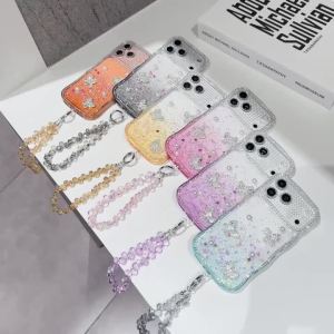 Rhinestone Glitter Gradient Phone Case For IPhone 17 16 15 14 13 Pro Max Heart Mirror Wrist Strap Lanyard Shockproof Back Cover