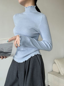 French Blue High Collar Slim Fit Knitted Base Layer Womens Early Autumn Inner Wear Weight Loss Wood Ear Design Shoulder Top