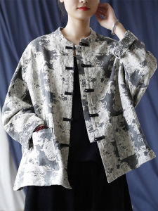 Handmade Cotton Linen Short Outerwear Womens Loose Printed Jacket Vintage Chinese Style Stand Collar Button up Autumn Coat