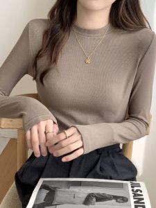 Áo Thun Dài Tay Lót Lông Cừu Cổ Cao Thời Trang Thu Đông Cho Nữ Áo Khoác Ngoài Màu Trơn Cổ Điển Thường Ngày Dài Vừa Phải