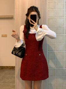 Red Christmas Engagement Dress Set Korean Style Commute Pure Color Winter Ball Gown A-Line Skirt Long Sleeve Slim Fit