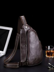 Captain Cow Leather Retro Styled Mens Chest Bag Soft Top Layer Cowhide Shoulder Bag Casual Zipper Closure Dumpling Shape