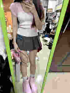 Pink V-neck Short Sleeve Knitted T-shirt Womens Summer Slim Fit Korean Style Unique Beautiful Commute Pure Color Top