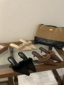 2025 Winter New Velvet Sharp Pointed Toe Thin Heel High Heels Womens Outdoor Wear Head Cover Half Slippers Mink Fur Slippers