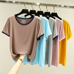 Ice Silk Loose Casual Short Sleeve T-Shirt Womens Modal Cotton Summer round Neck Pure Color Base Shirt Korean Style Commute