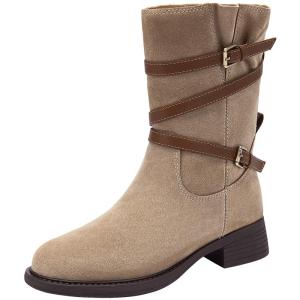 Hotwind Brown Mid-Calf Western Boots Womens Casual Style Winter New Arrival Versatile Martin Boots round Toe Rubber Outsole